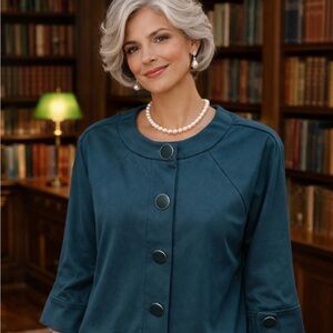 Vintage Dialogue Teal Swing Collarless Jacket w/ Buttons 3/4 Sleeves M